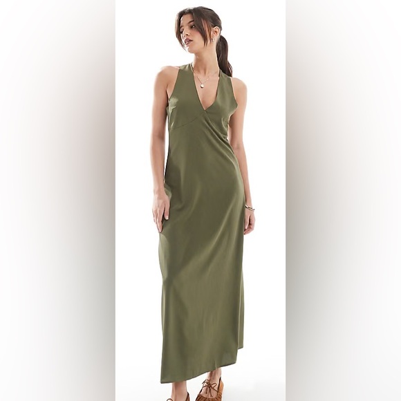 ASOS/Only Olive Green Twist Back Halter Maxi Dress Size 8 (Kaki Olive Green) - Picture 2 of 8